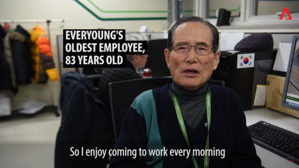 Oldest Employee at EverYoung Finds Meaning At Work - screen shot from video by Channel News Asia